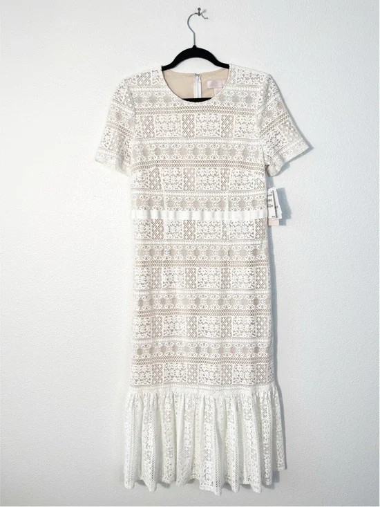 NWT Rachel Parcell Striped Lace Fitted Midi Dress in Lucent White Size Medium - Picture 2 of 7
